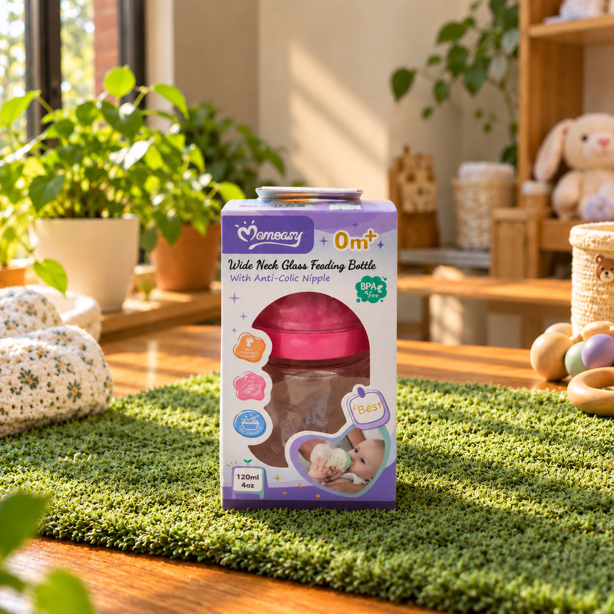 Momeasy Glass Feeder 120ml | Anti-Colic Baby Bottle 0m+
